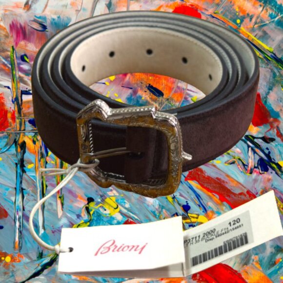 $1100 Brioni Men's Dark Brown Suede Belt Genuine Leather Handmade Italy 120 48 - Picture 3 of 16